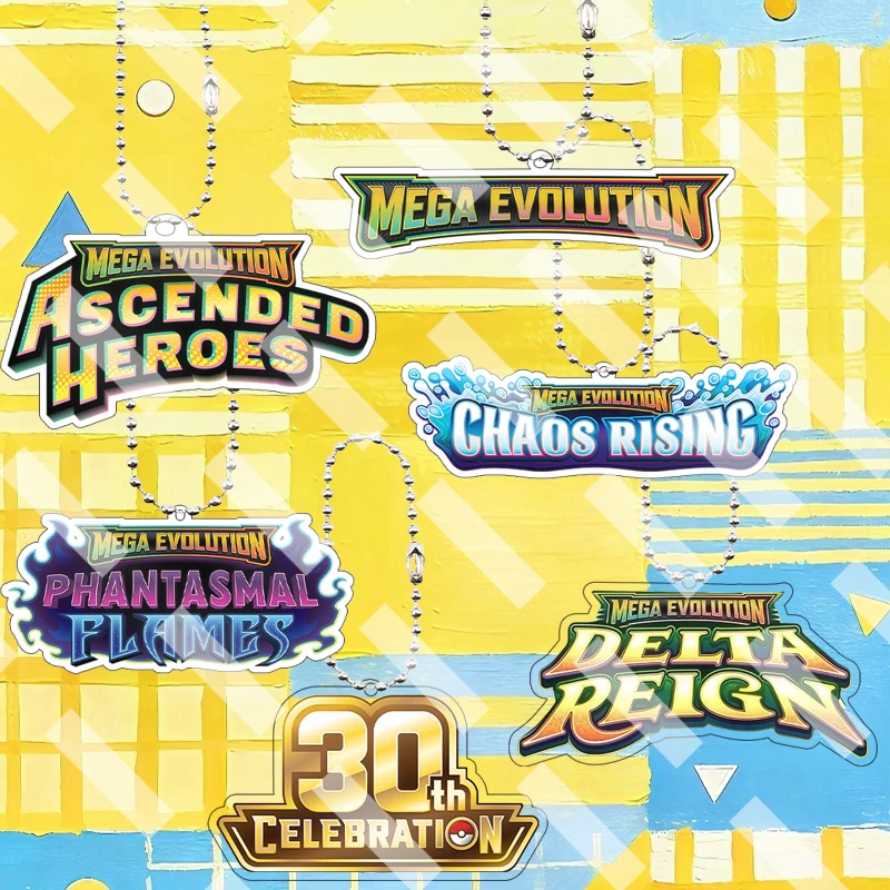 Pocket Monsters Anime DIY 6-teilige Mega Evolution Serie Logo Acryl-Schlüsselanhänger 30. Jubiläumsfeier Taschenanhänger Geschenk