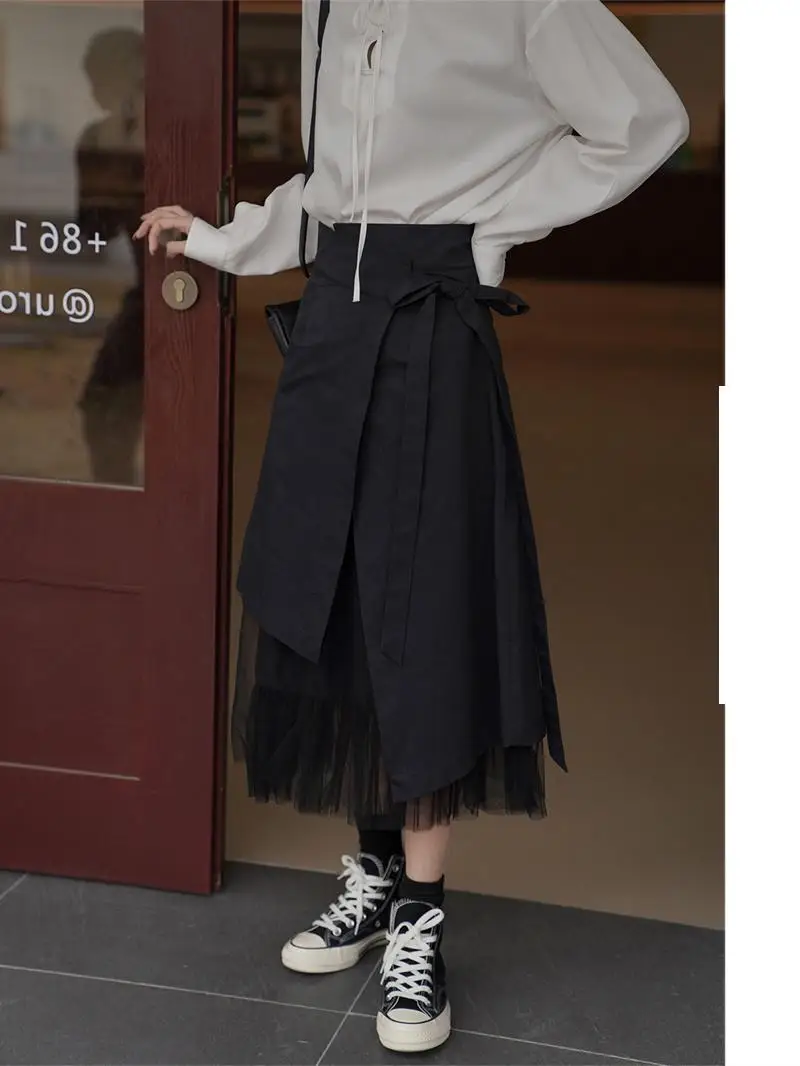 Tannt Women Skirt Irregular Mesh Patchwork Bandages Black Long Skirts Asymmetry Fake Two Fashion Skirt For Women 2023 New