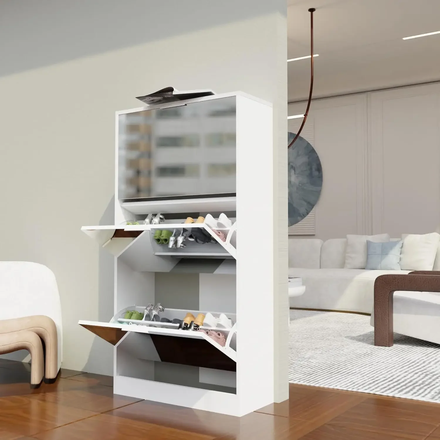 Mirror Shoe Cabinet Storage for Entryway with 3 Flip Drawers, Shoe Organizer Rack for Front Door Entrance, Slim Narrow Shoe Cabi
