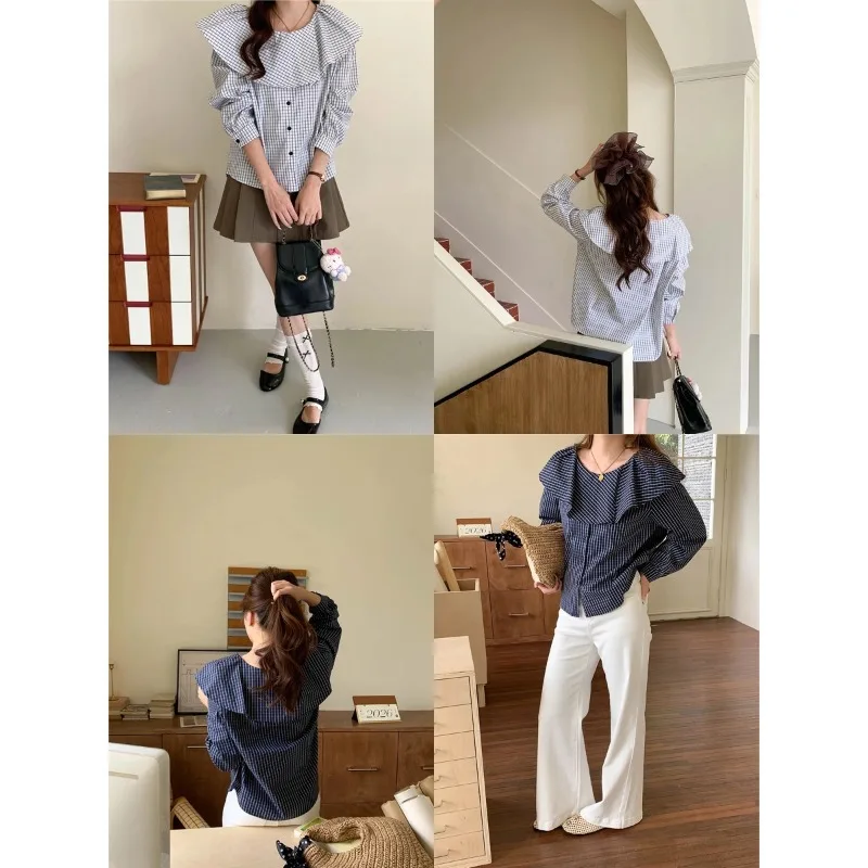 Sweet Korean-style Ruffled Plaid Long-sleeve Shirt Striped Ruffle Trim Long Sleeve Elegant Casual Top For Women Daily Wear 6KPP