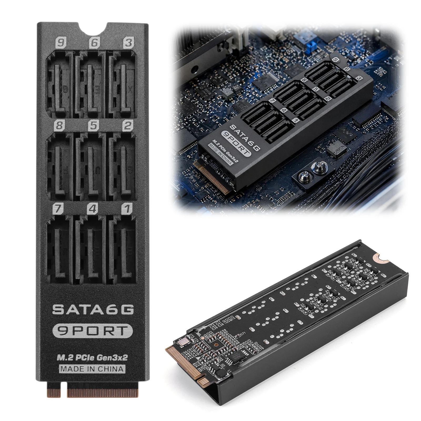 PCIe M.2 NVMe M-Key 9-Port SATA 6Gbps NAS Storage Expansion Card Adapter with Aluminum Alloy Enclosure