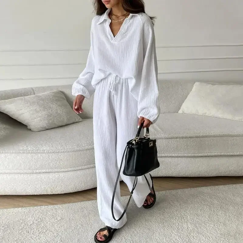 

Loose Top Two Piece Set Women White Long Sleeve Tops Lace Up Wide Leg Pant Sets Female Turndown Collar Lady Suit Traf Women 2025