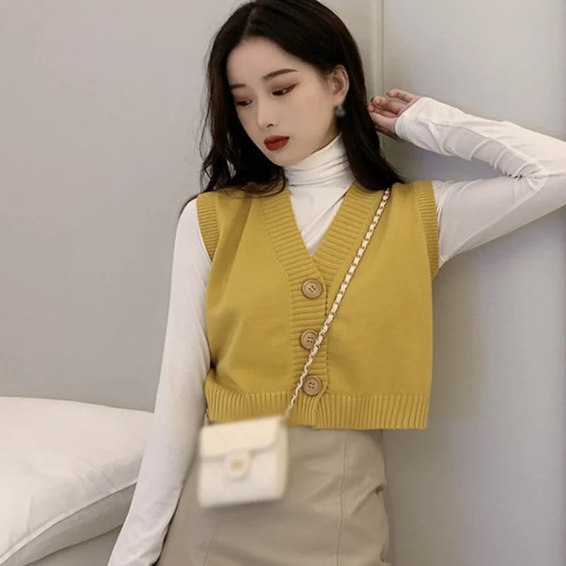 Spring Autumn Knitted Cardigan Vest Womens Korean V-neck Sleeveless Sweater Vest Solid Students Coat Ulzzang Chic Outwear Y2K