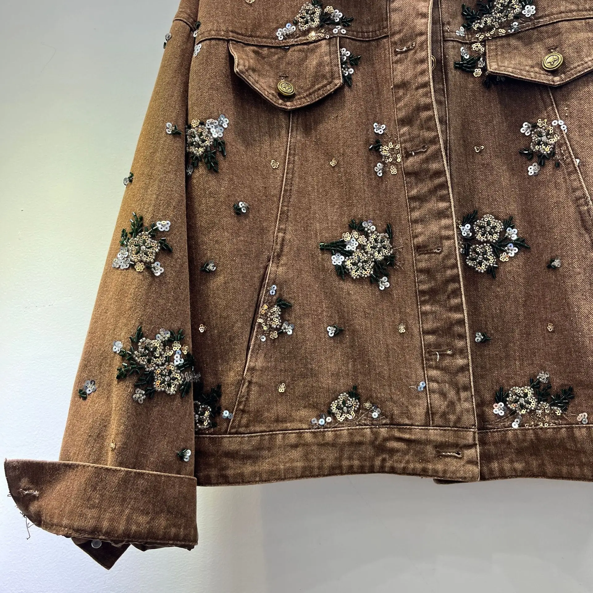 2025 New Women's Rhinestone Denim Jacket Loose Fit Distressed Long Sleeve Embroidered Coat