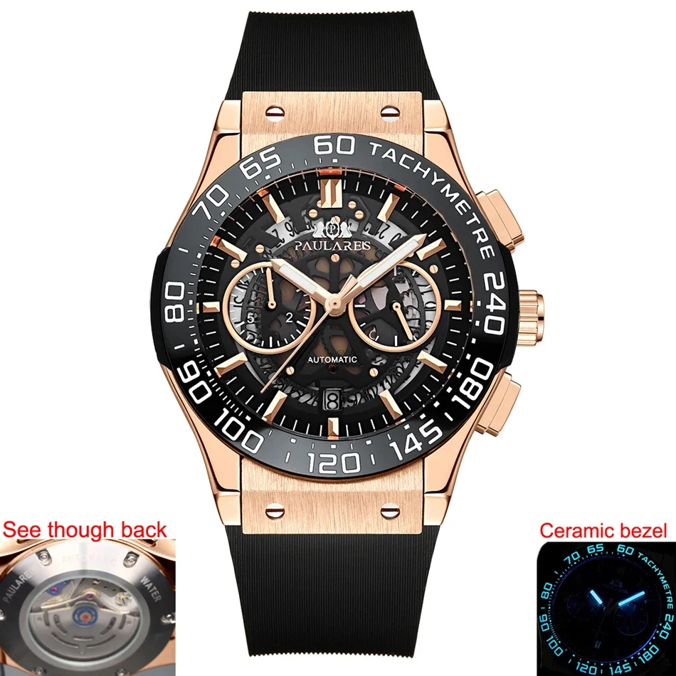 Luxury Chronograph Skeleton Ceramic Bezel Blue Luminous Automatic See Through Rose Gold Titanium Rubber Men Quartz Watch
