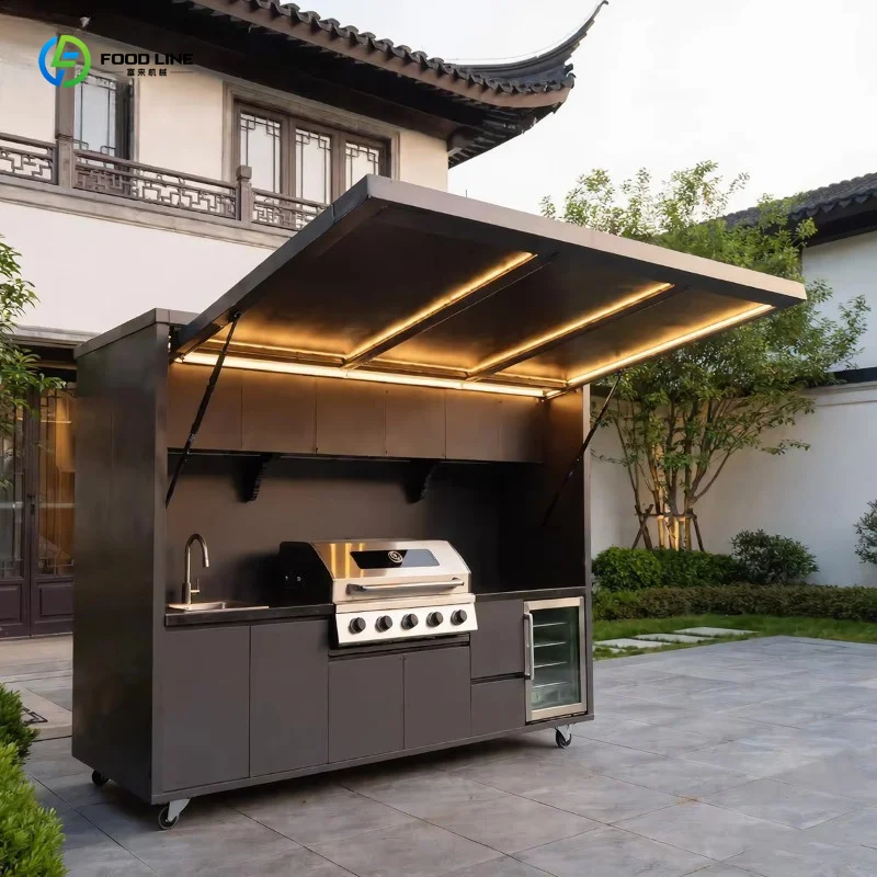 Customized integrated sink outdoor BBQ grill cabinet set luxury 304 stainless steel modular kitchen for garden terrace dining