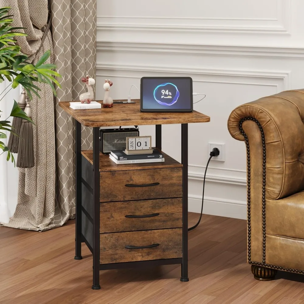 Bedside Table.Night Stand Set 2 with 19'' D Larger Tabletop and 3 Fabric Drawer, Bedside Tables with Fast Charging Station