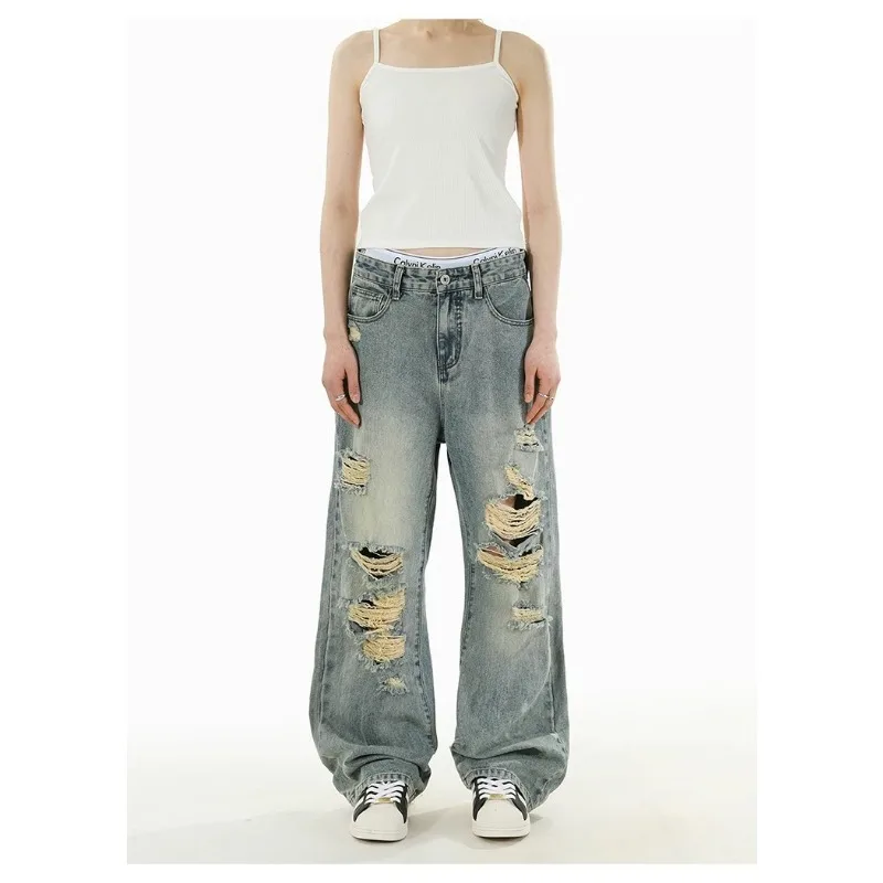 Nowe damskie jeansy w stylu amerykańskim, postarzane, z dziurami, szerokie nogawki, luźne spodnie dżinsowe, letnie, cienkie, codzienne, o swobodnym kroju.