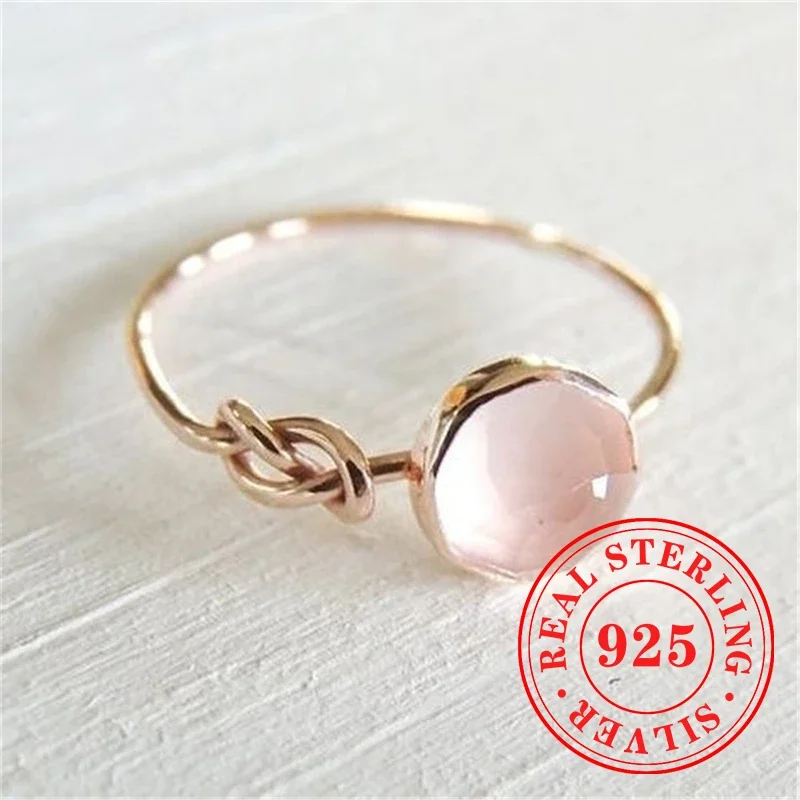 Huitan Cute Pink Stone Rose Gold Color Female Rings 925 Sterling Silver Exquisite Birthday Gift Temperament Sweet Party Jewelry