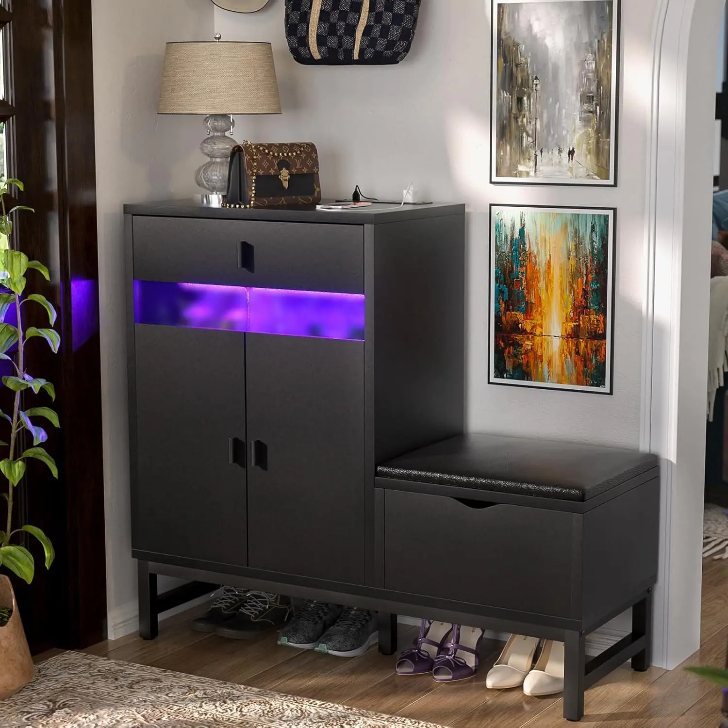 Shoe cabinet storage - shoe rack bench with LED lights and power outlet, reversible shoe cabinet with drawers and compartments