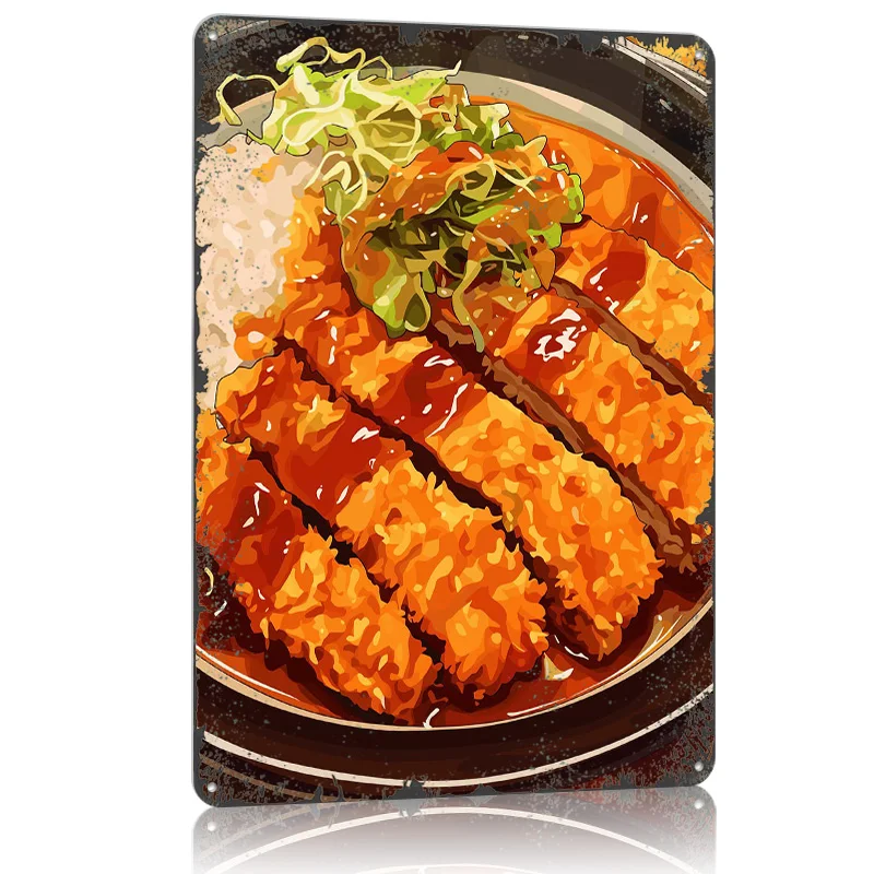 Póster de Metal de aluminio japonés Tonkatsu Curry con comida de arroz, decoraciones para el hogar, carteles de estaño de Metal personalizados para decoración de arte de pared