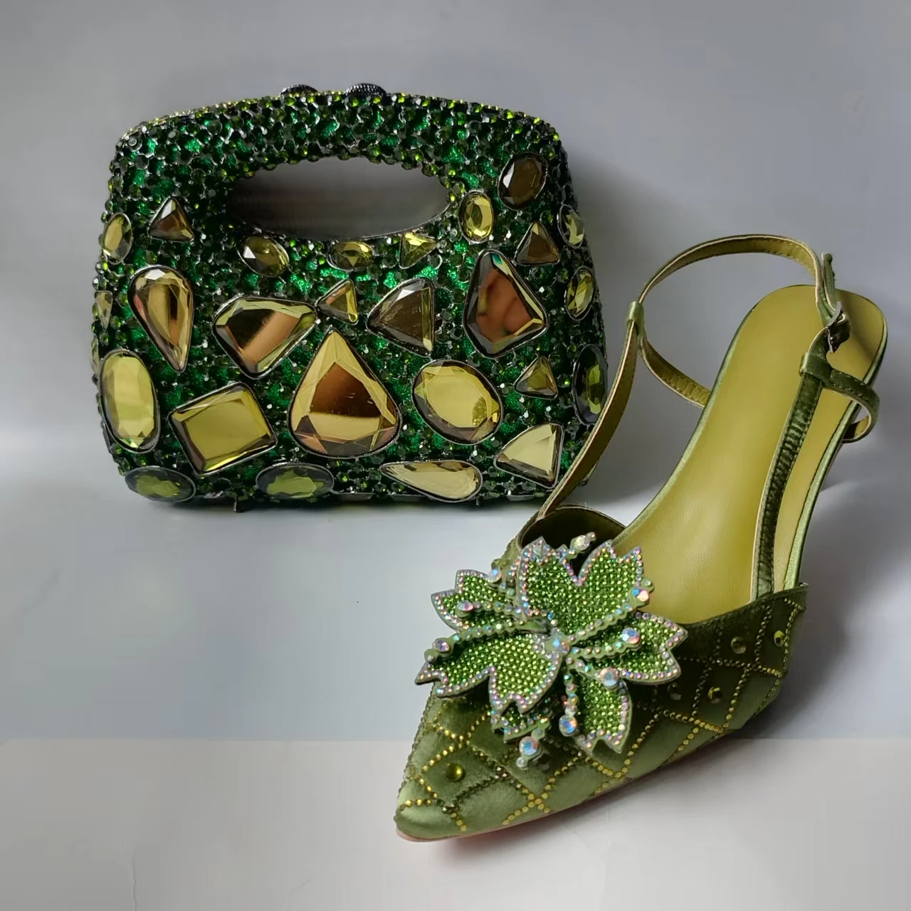 

LNATISNOVA Olive High Heel Shoes and Clutch Bag Set for Brown Sandals and Purse Set Rhinestones Handbag Design Wedding Handbag