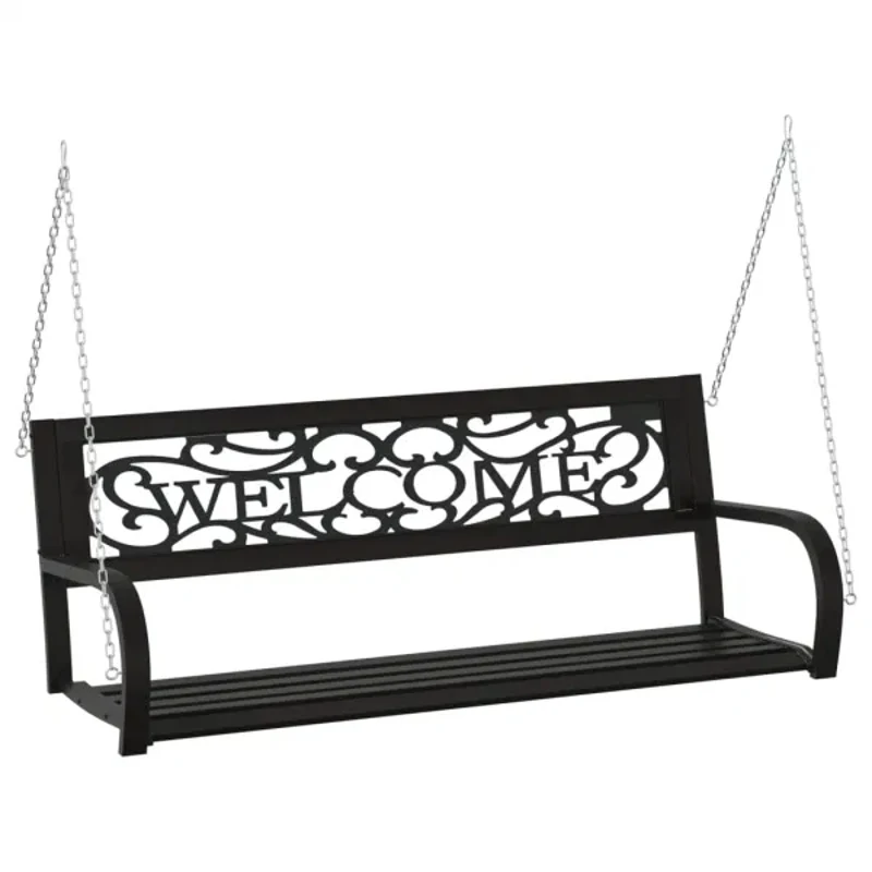 Steel Plastic 49.2 Inch Black Patio Swing Bench Outdoor Garden Backrest Rocking Chair Pastoral Style Balcony Rocking Chair