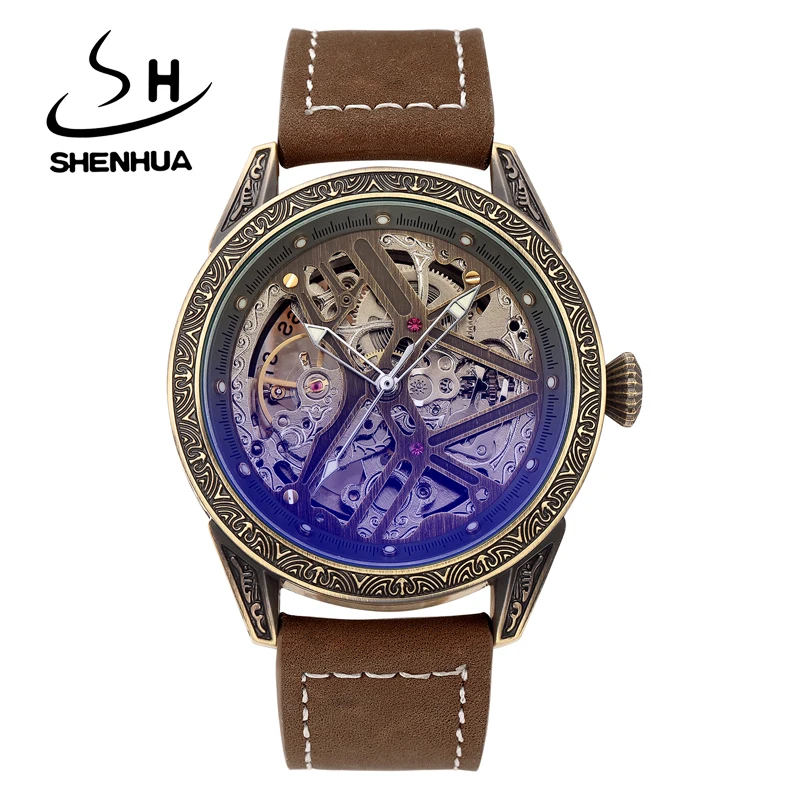 

SHENHUA Vintage Bronze Men Watch Transparent Skeleton Automatic Mechanical Watch Steampunk Luminous Waterpoor Men Clock