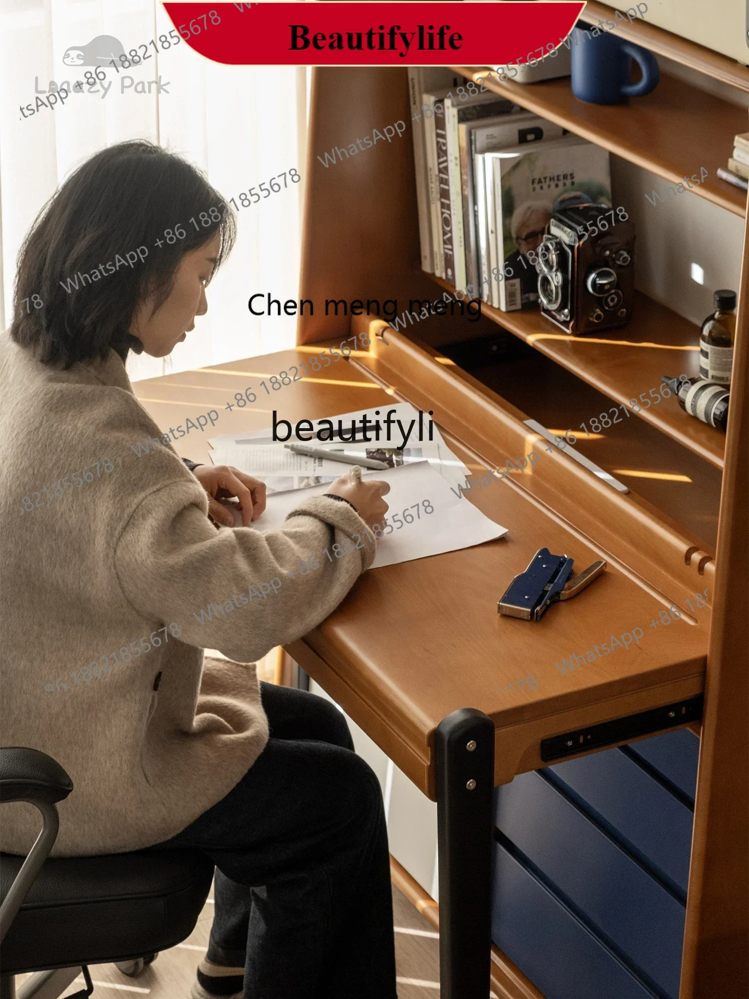 

G153 Laaazypark Mid-Ancient Retractable Desk Bookcase Integrated Solid Wood Folding Desk Home Small Apartment Study Table