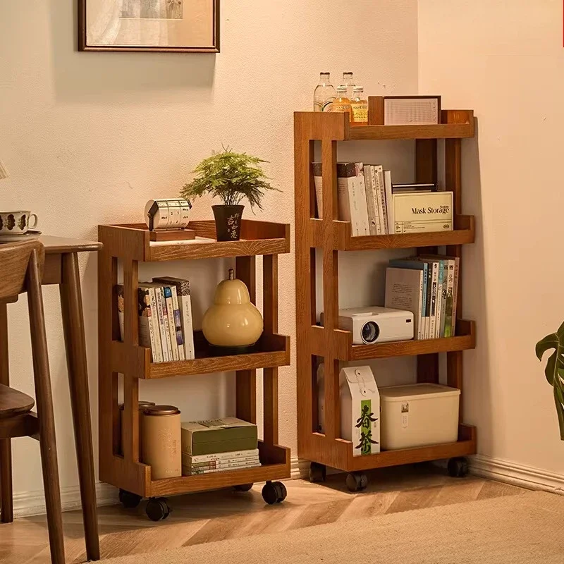 All solid wood movable trolley shelf floor bookshelf household multi-functional storage shelf snack storage rack