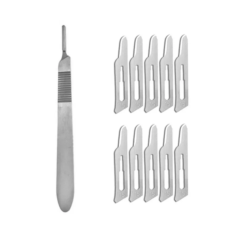 10pcs NO.15 Scalpel Blades and 1pc Handle for Dermaplaning Dental Medical DIY Cutting PCB Repair Lab Animal Surgical Knife