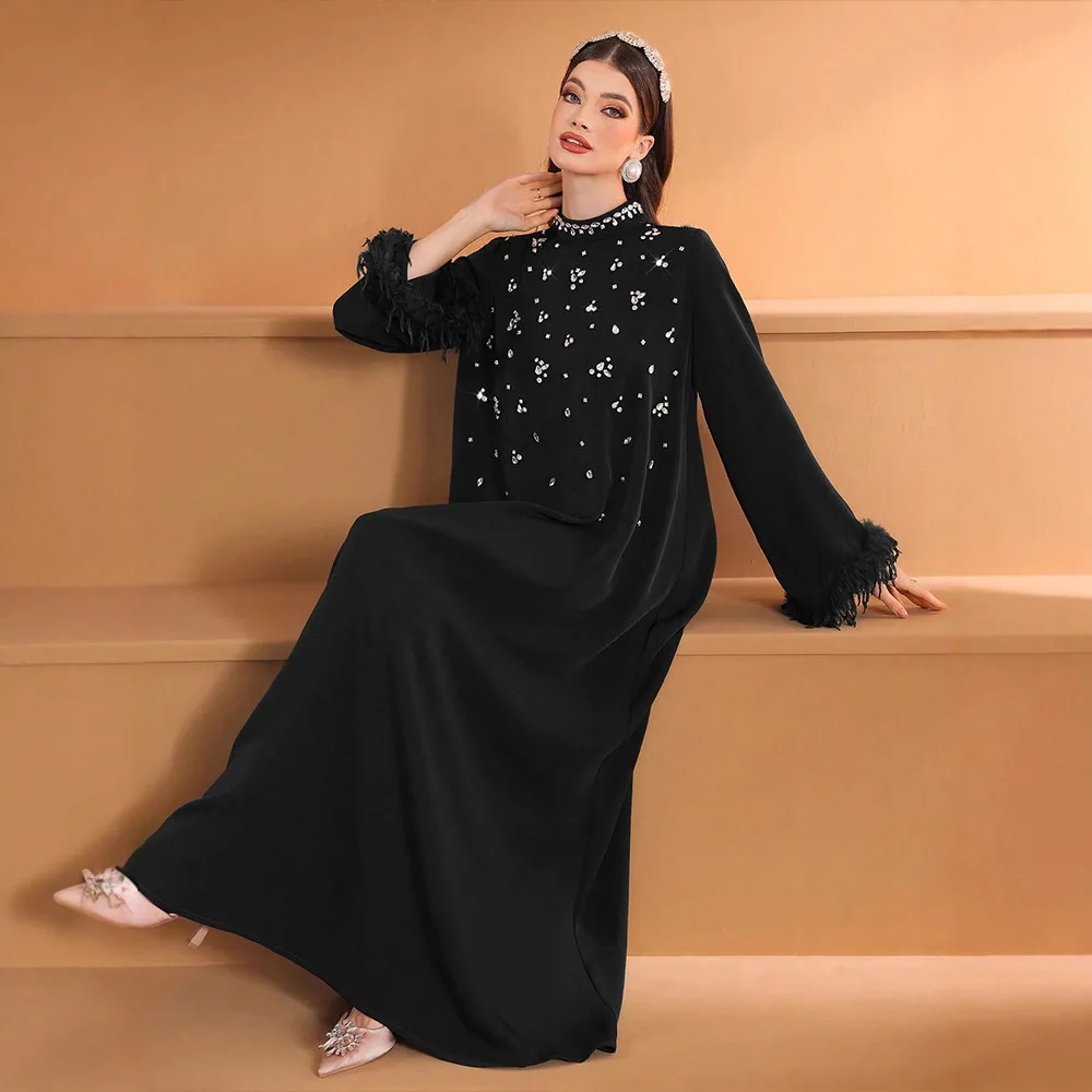 

Arabic Elegant Diamond Embellished Dress Women Long Sleeve Solid Color Maxi Gown Middle East Formal Evening Kaftan Fashion Dress