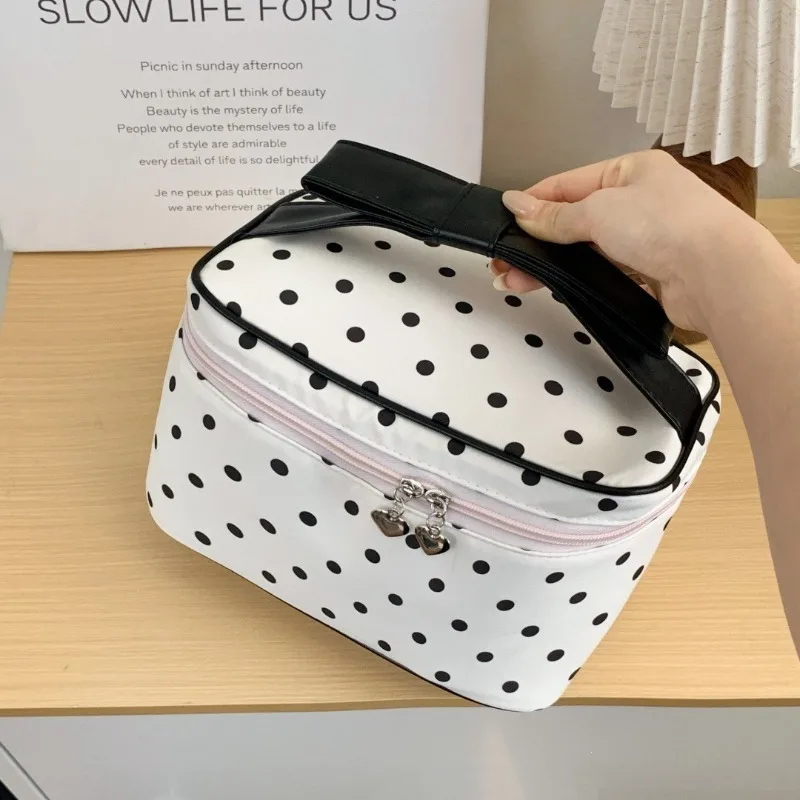 Green Polka Dot Makeup Bag Large Capacity Vertical Portable Travel Cosmetic Storage Pouch Waterproof Toiletry Bag for Women