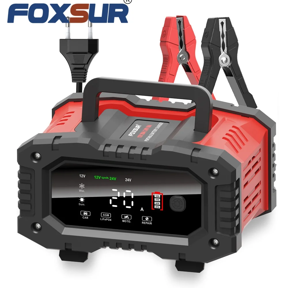 

Foxsur 20A 10A зарядное устройство для ремонта свинцово-кислотных аккумуляторов с зарядным устройством для экрана дисплея Прямая продажа с фабрики 7-ступенчатая интеллектуальная