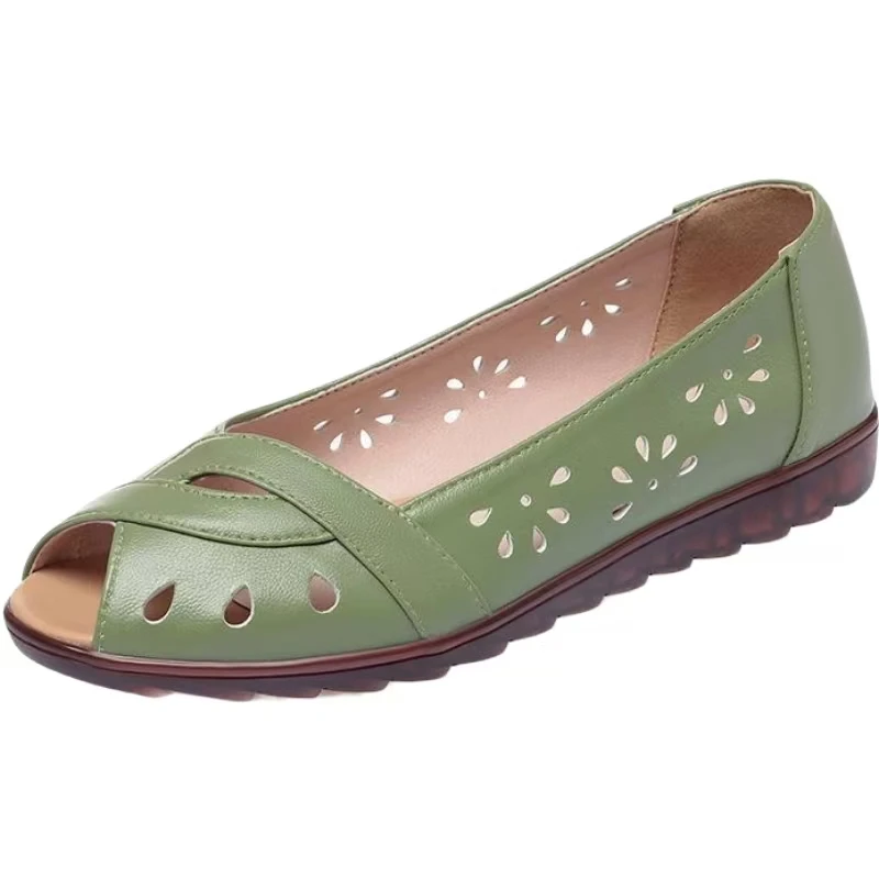 

Женские летние сандалии на плоской подошве с открытым носком, кожаные дышащие легкие сандалии без шнуровки для среднего и пожилого возраста