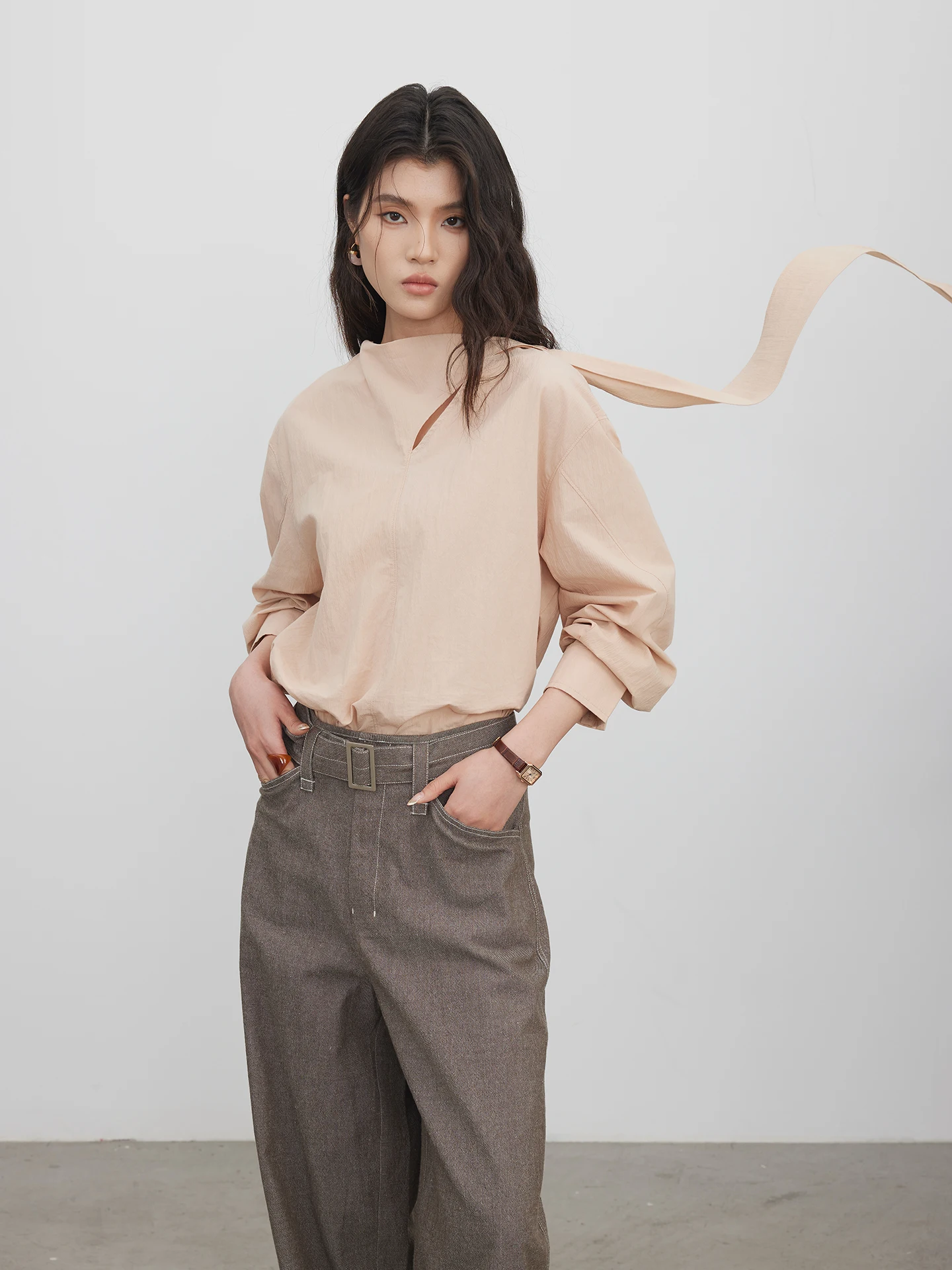 

KEARA Women's Long Sleeve Shirt Spring Summer Commute Design Sensation Sash Slimming Pink Small Shirt Korean Style Loose Fit