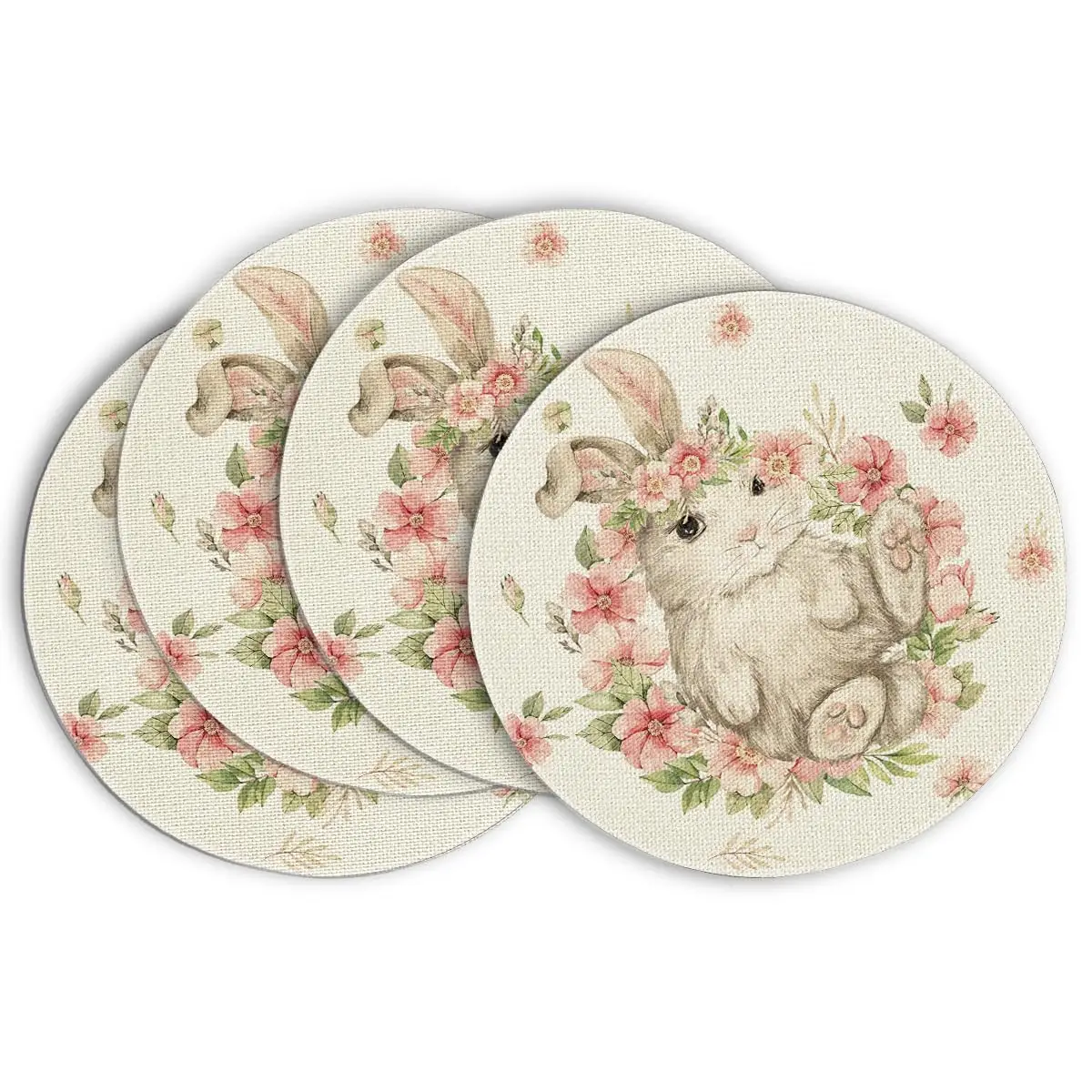 

Bunny Rabbit Flower Easter Placemats Set of 4, 14 Inch Spring Holiday Round Table Mats for Dining Decoration