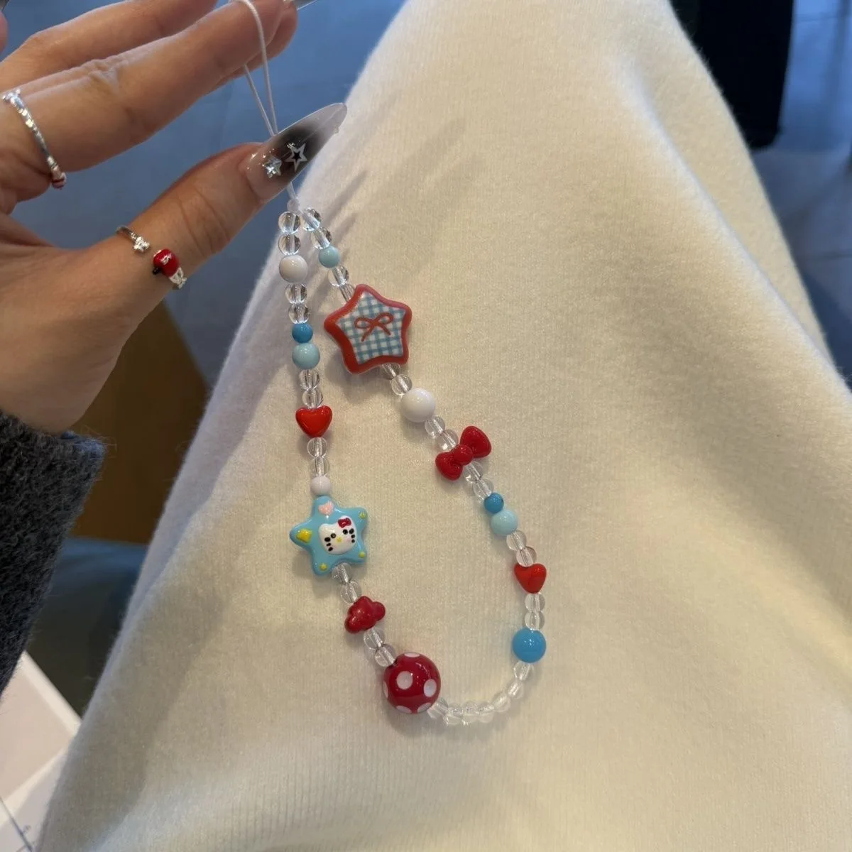 Kawaii INS Sweet Style Hello Kitty Beaded Keyring Plaid Star Bow Heart Bag Ornament Fashion Anti-losty Phone Lanyard Accessories view 3