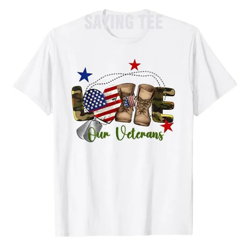 

Love Our Veterans Day Proud Military American Flag T-Shirt US Flag Camo Pattern Proud Family Clothes Men's Fashion Daddy Gifts