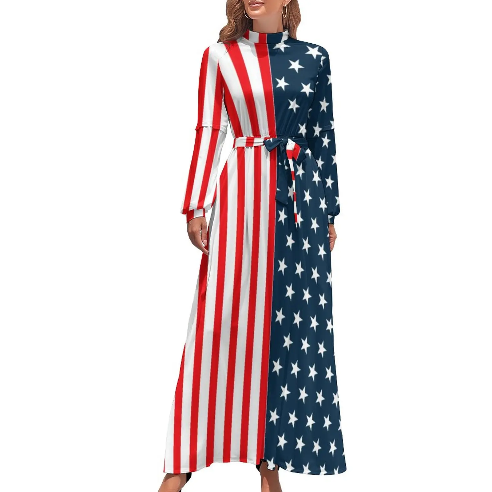 Two Tone Stripped Dress American Flag Stars and Stripes Sexy Print Maxi Dress Lady Long-Sleeve Basic Beach Long Dresses Hot Sale