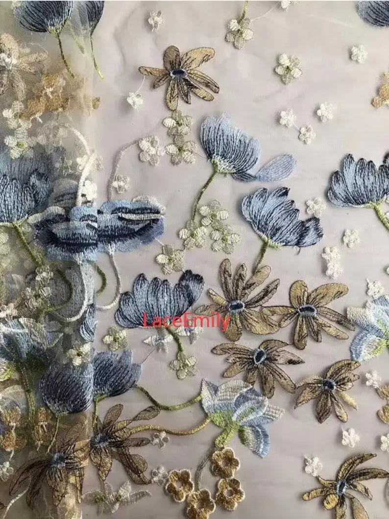 4 colors Blue flower lace fabric flower embroidery soft tulle fabric for wedding lace bridal lace dress fabric 1 yards