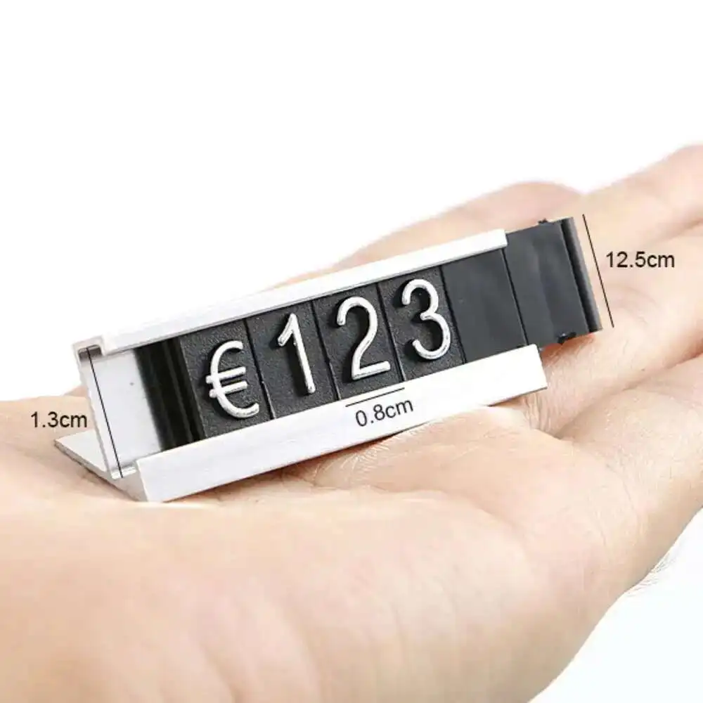 Counter Top Adjustable Price Tags Kit $ Euro, Car Jewelry Clothes Numberal Digit Display Cube Sign Label Alloy Board Stand Frame