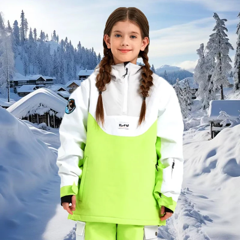 2025 New Winter Solid Girl Windproof Waterproof Skiing Jacket Hooded Pullover Children Ski Coat Polyester Outdoor Sport Kid Coat