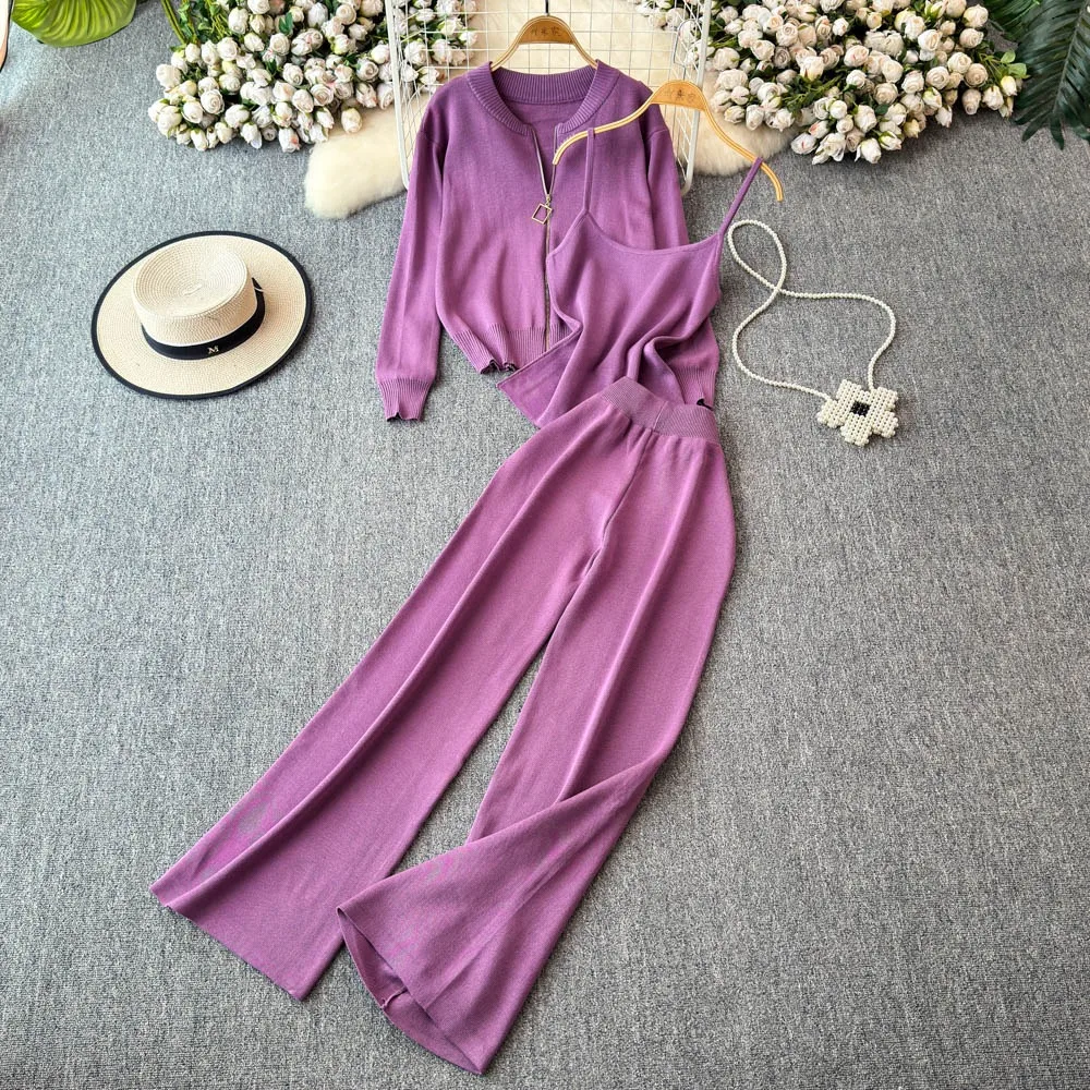 2026 Fashion Three Pieces Set Simple High-grade Solid Color Knitting Suit Women Hooded Coat + Sleeveless Vest + Pants Set