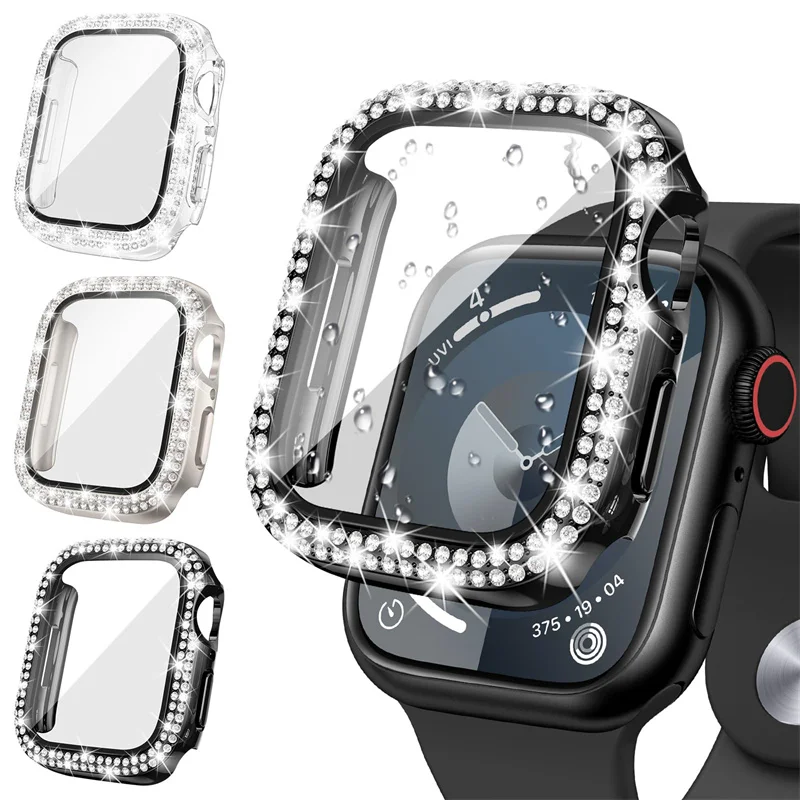 

Bling Glass + чехол для Apple Watch Case 44 мм 45 41 мм 40 мм 44 мм женский бампер с бриллиантами + защитная пленка для экрана iwatch series 7 9 8 5 6 SE