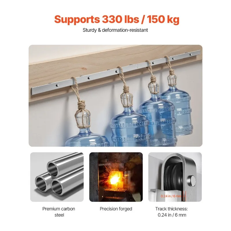 طقم أدوات باب الحظيرة المنزلقة بطول 8 أقدام لباب الحظيرة المنزلق الفردي باللون الفضي