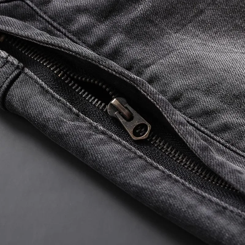 High Street Fashion Men Jeans Retro Black Gray Stretch Slim Fit Spliced Designer Biker Jeans Homme Patched Hip Hop Denim Pants