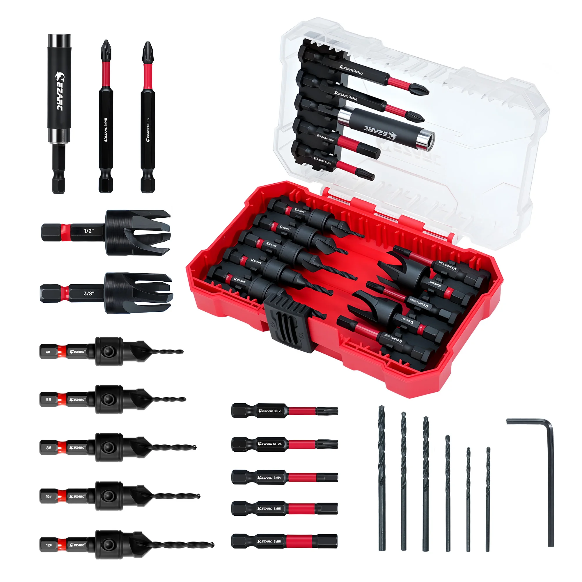 ezarc-22個入りカウンターシンクドリルビットセット（木工用）、磁気式延長ビットホルダー、スクリュードライバービット、1-4インチ六角シャンク