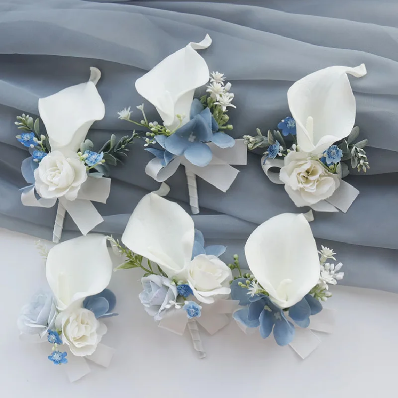 Corsage boutonniere pulso para banquete de casamento, Family Guest simulação flor, branco e azul, 2406