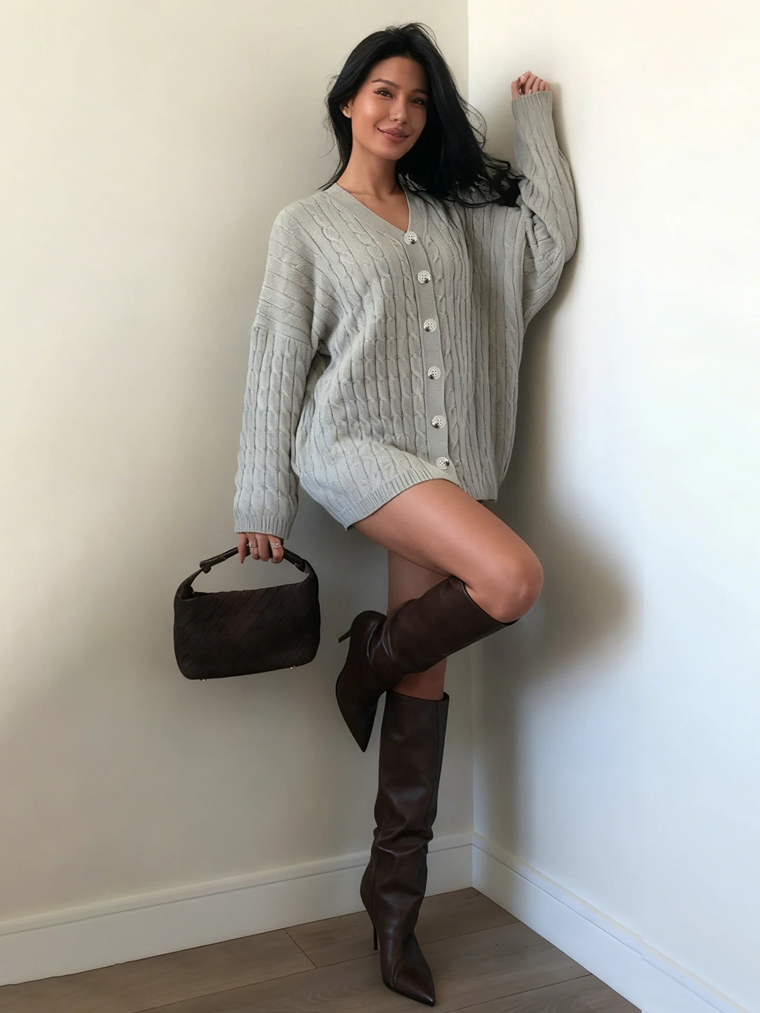 

Ladies Casual Loose Knitted Cardigan Pure Color Linen Pattern Sweater Outerwear Mid-Length V-Ne Button-Up Casual Sle