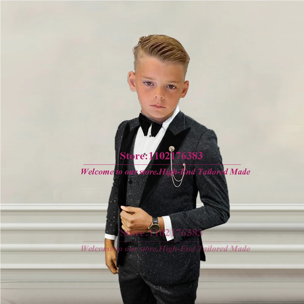 Sparkly Boy's Suits For Wedding Black Velvet Lapel Blazer Vest Pants 3 Pieces Formal Tuxedo Children Single Breasted Kids Jacket