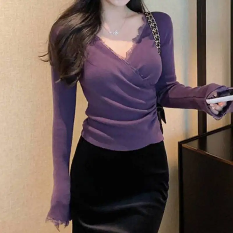 Lace V-neck Long-sleeved Trendy Women's T Shirt New High-end Purple Innerwear Base Layer Top