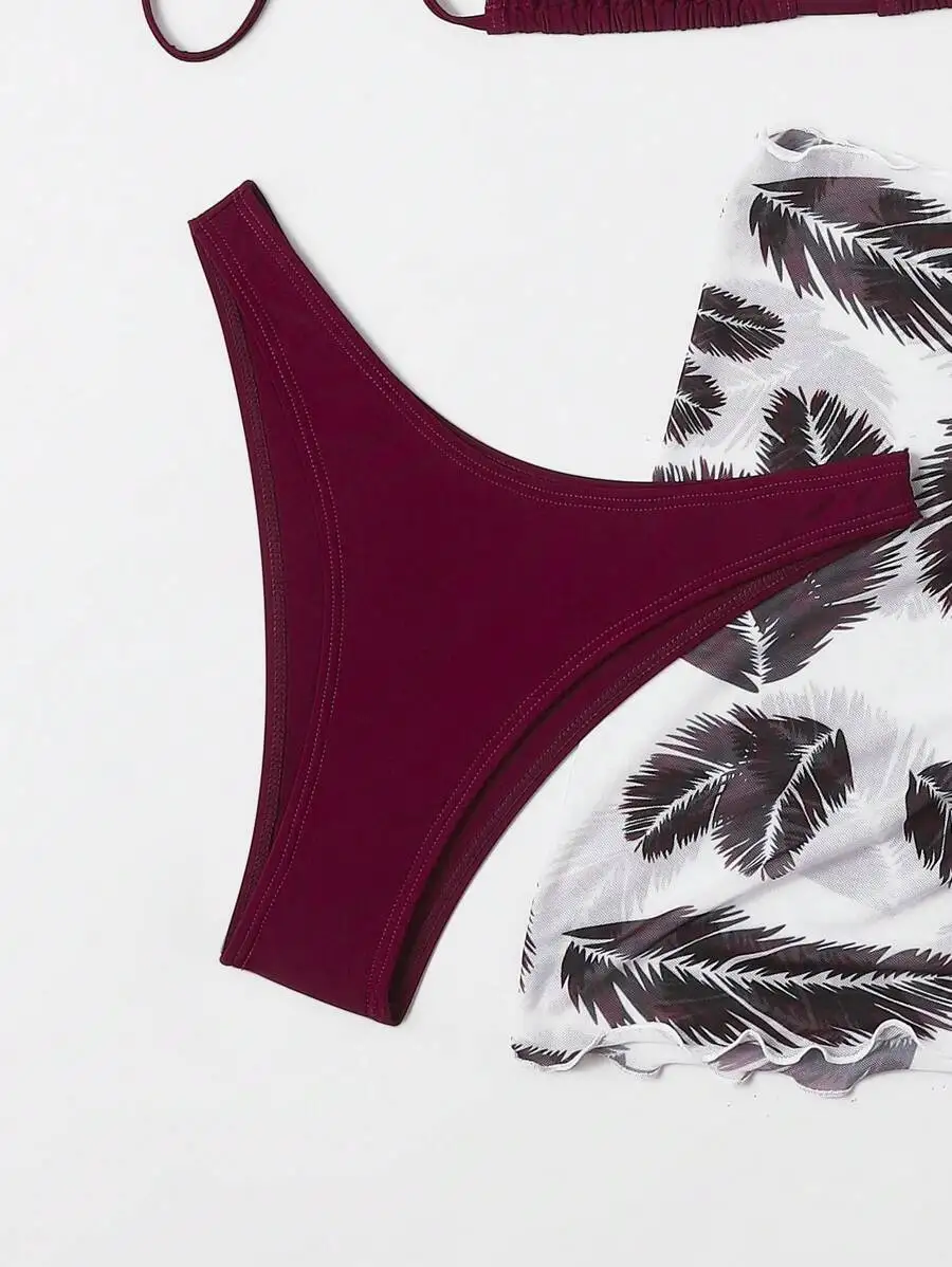Maillot de bain 2 pièces pour femmes, vacances à la plage, vin rouge, couleur unie, imprimé plumes, ensemble Cover-Up et Bikini, maillot de bain séparé