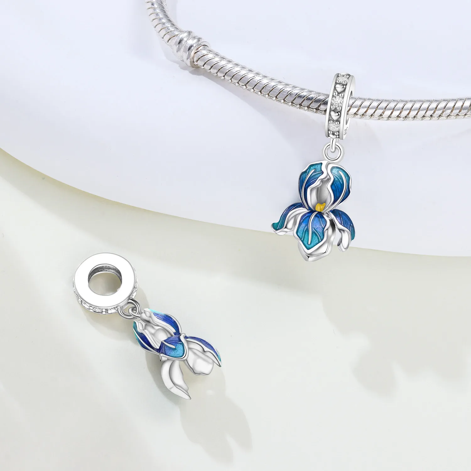 PANPOKI 925 فضة الأزرق القزحية زهرة المعلقات سوار Charms صالح النساء مجوهرات الخرز الحفلات DIY بها بنفسك الهدايا العصرية