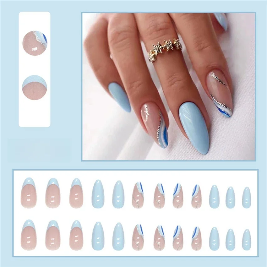 24Pcs/Set Simple White Adhesive Fake Nails French Almond Acrylic Wearing False Nails Full Coverage Fashion Press on Nail Tips