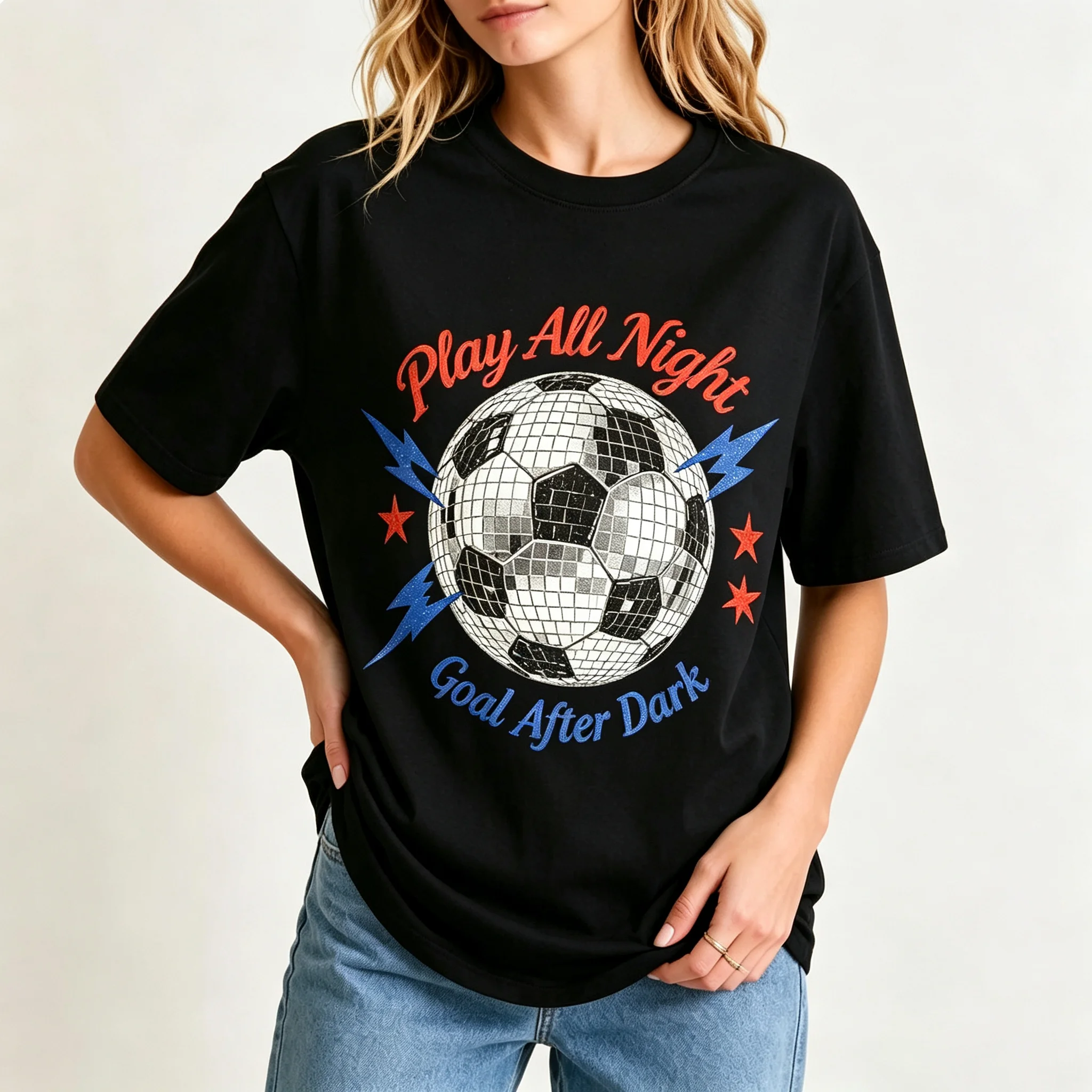 Play All Night Goal After Dark Disco Soccer Ball Graphic T Shirt Retro Football Lightning Star Print Short Sleeve Tee