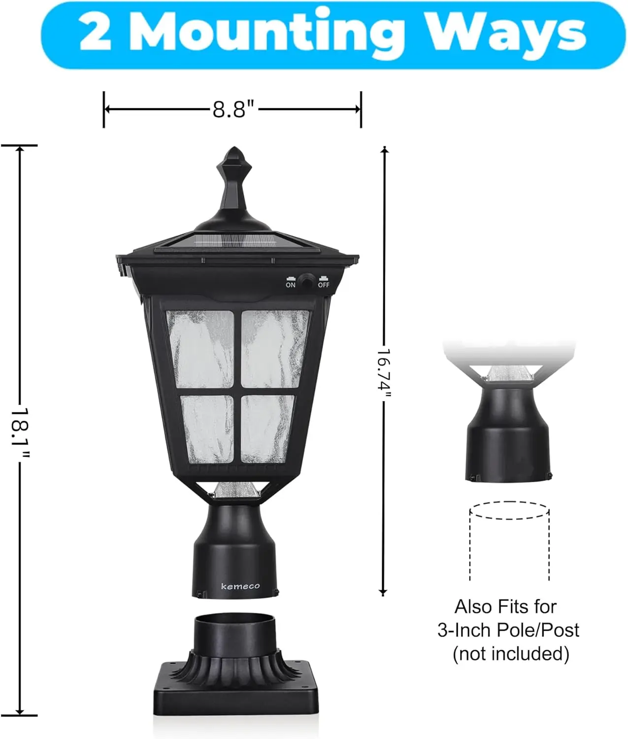 ST4311AQ Post lumineux solaire LED, base de montage 3', noir, support sur poteau de jardin extérieur