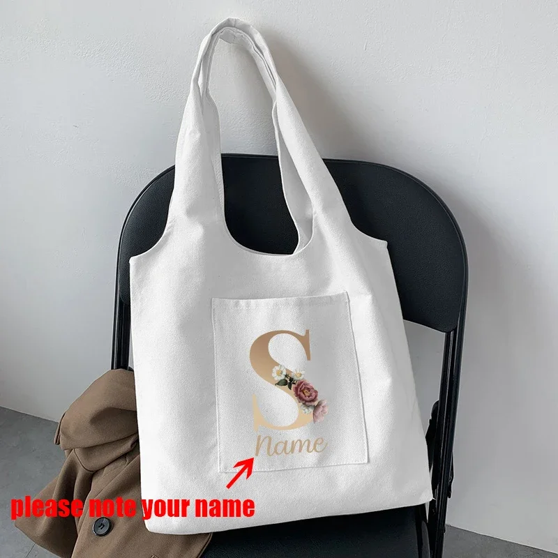 Custom Name Personalized Floral Gold Font Tote Bag Canvas Luxury Shopper Bag Gift for Bridesmaid Teacher Women\'s Foldable Bags