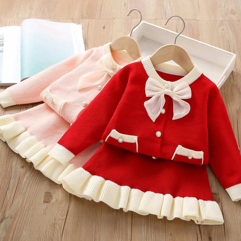 2024 Girls Autumn Dress Bow Korean Edition Children\'s Set Baby Foreigner Knitted Cardigan Two Piece Set 2-8 Year Old Top and Bot