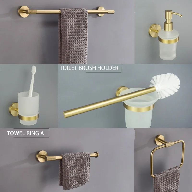 Bathroom Hardware Accessories Set Brushed Gold Knurled Brass Kit Towel Bar Ring Robe Hook Paper Holder Towel Ring Toilet Brush